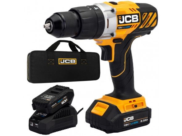 Дриль-шуруповерт акумуляторний (JCB-18CD-BE) 18V, max 45Nm в комплекті із зарядним пристроєм (JCB-18VFC-E) 2.4A та батареєю акумуляторною (JCB-20LI-E) 2.0AH JCB-18CD-2XB-E